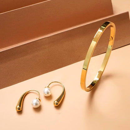 Plain Stackable Bangle Bracelet |4MM & Pearl Hook Earrings Combo Set