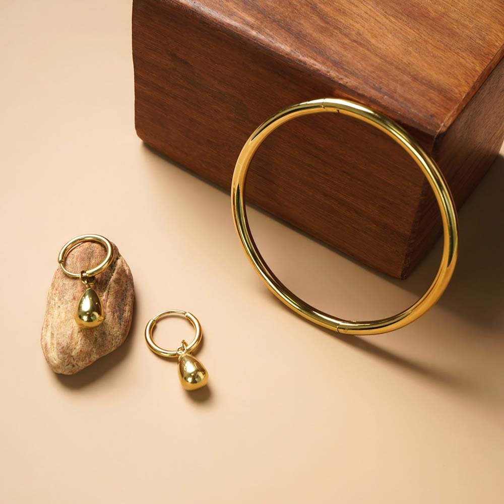 Classic Gold Bangle Bracelet & Waterdrop Hoop Earrings Combo Set