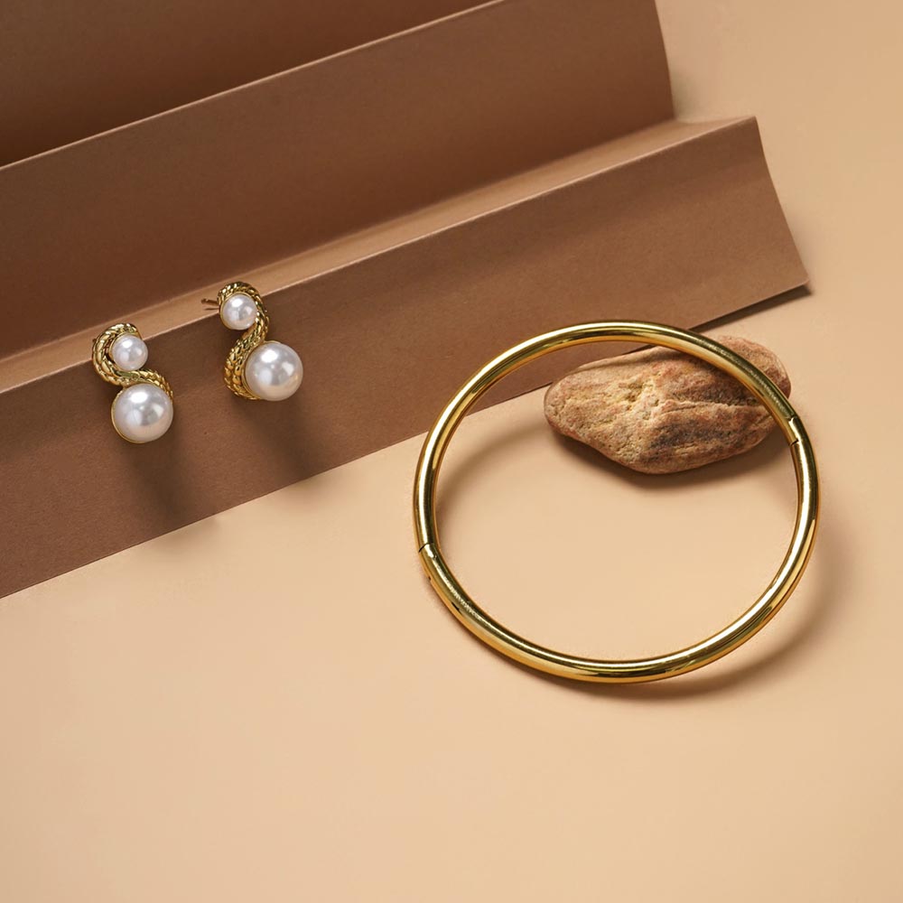 Classic Gold Bangle Bracelet & Enchantress Pearl Stud Earrings Combo Set