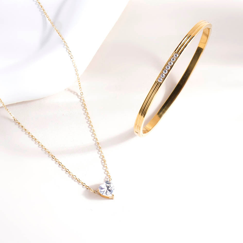 Diamond Allure Bangle Bracelet & Sparkling Hearts Gold Necklace Combo Set