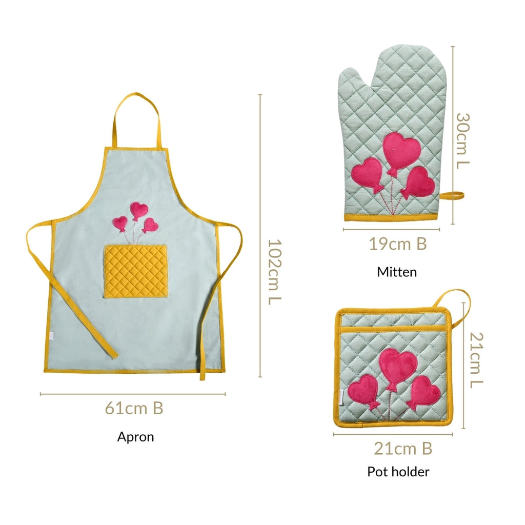 Balloon Heart Apron With Mitten And Pot Holder