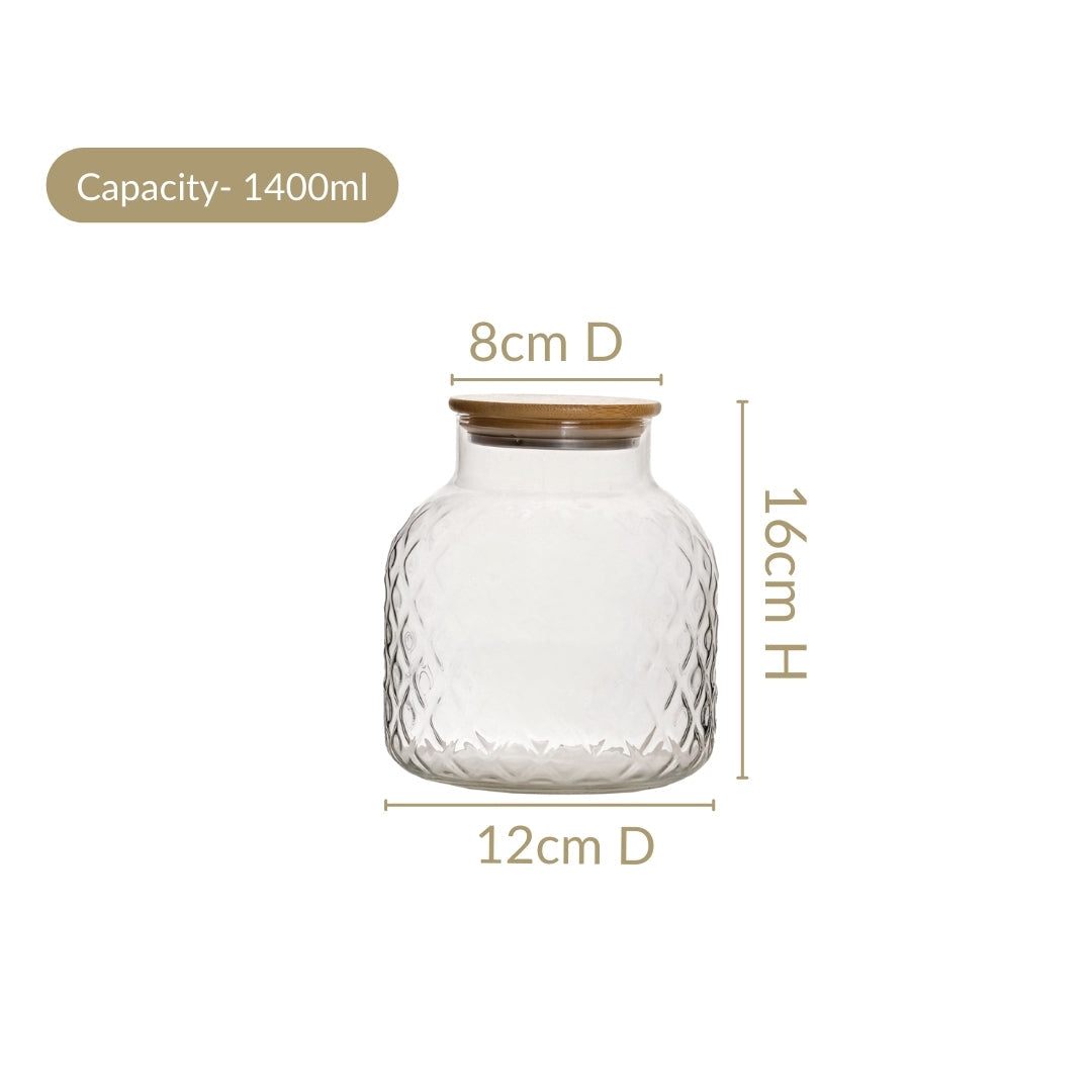 Diamond Glass Storage Jars with Bamboo Lid Set of 2 1400ml