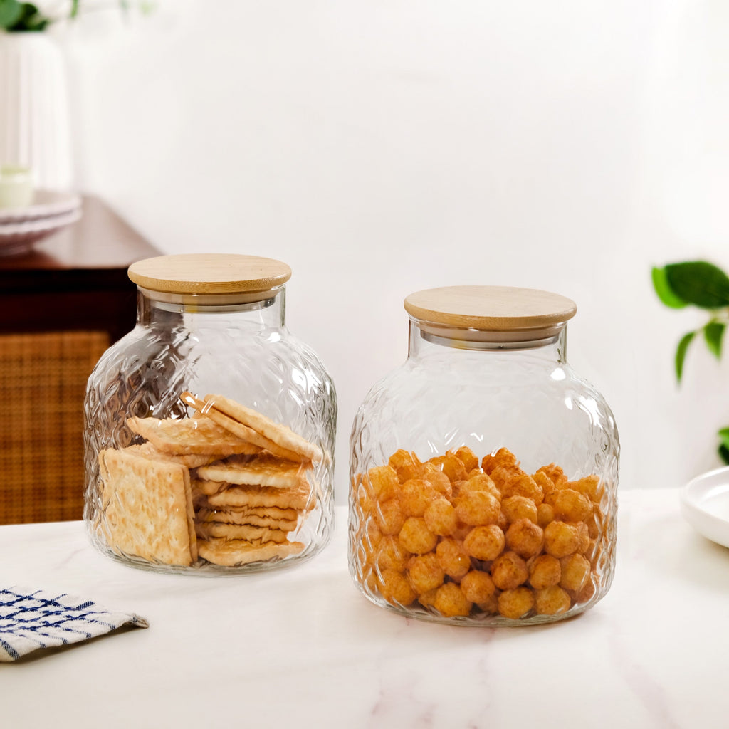 Diamond Glass Storage Jars with Bamboo Lid Set of 2 1400ml
