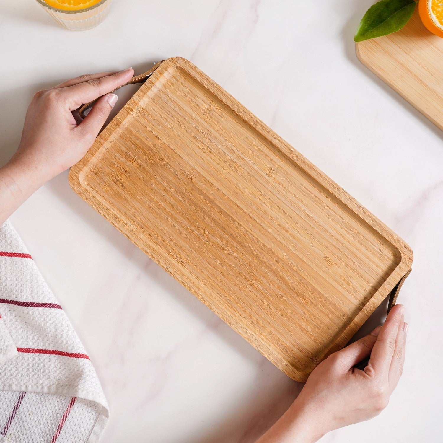 Bamboo Tray With Leather Handles 12inch