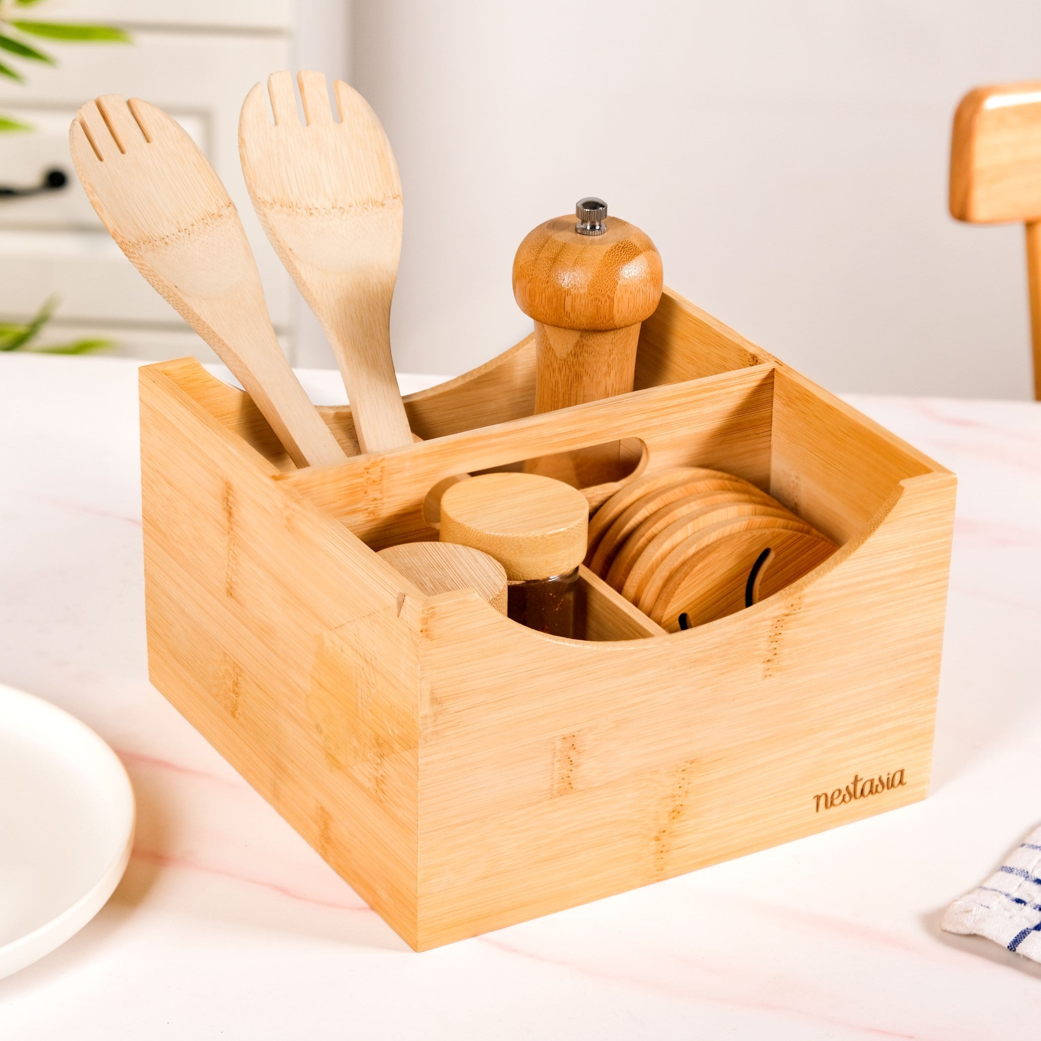 Bamboo Cutlery Caddy With Handle