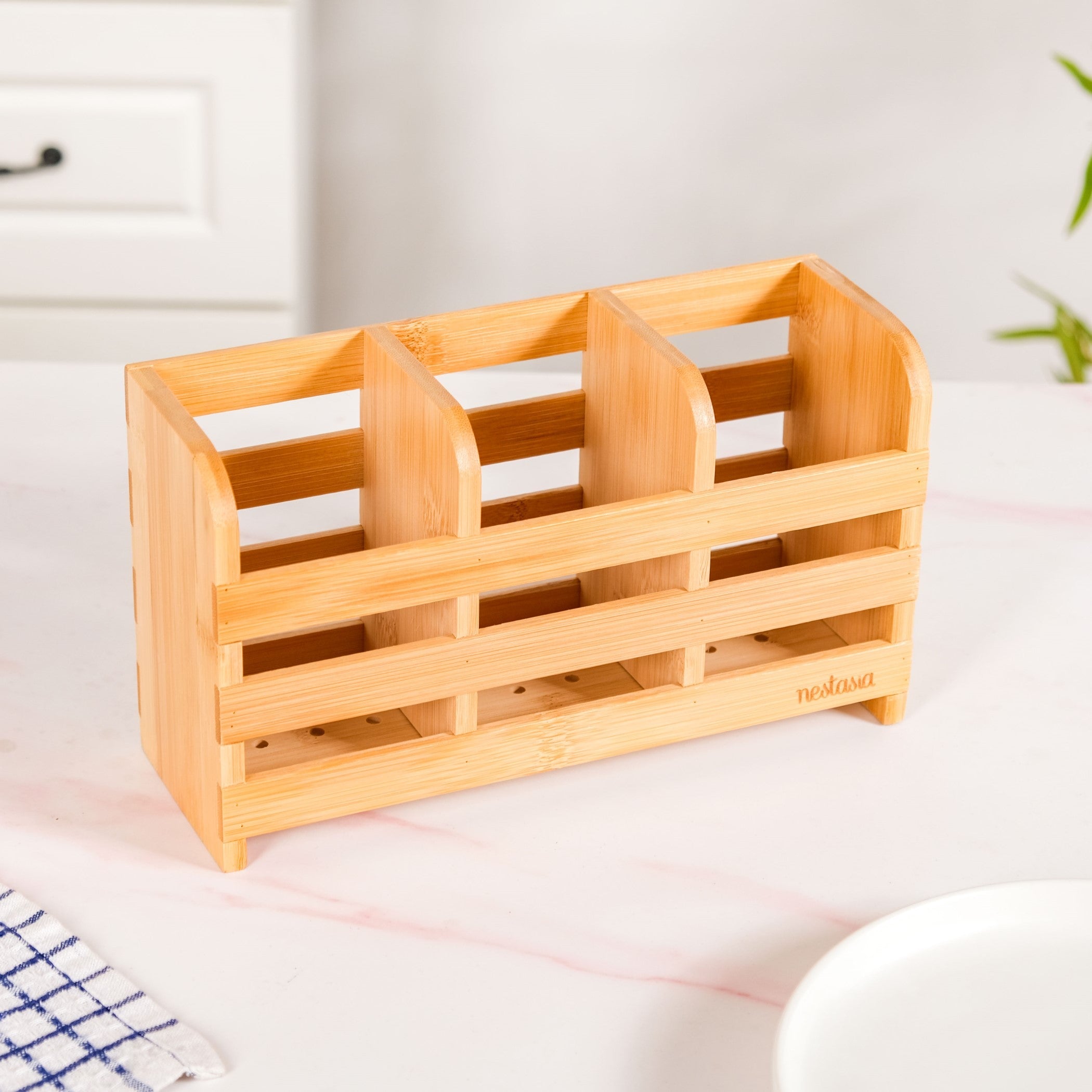 Bamboo Wood Cutlery Holder With 3 Sections