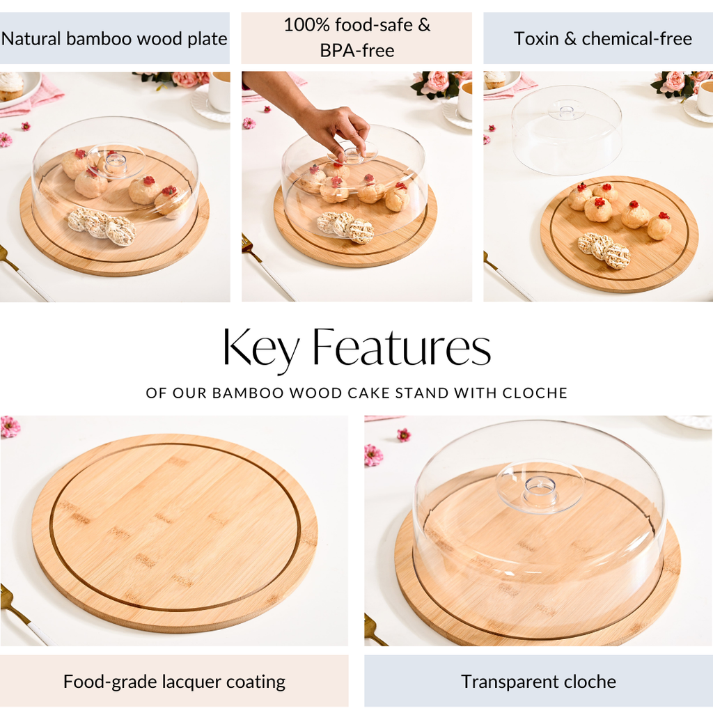 Bamboo Wood Cake Stand With Cloche 25cm