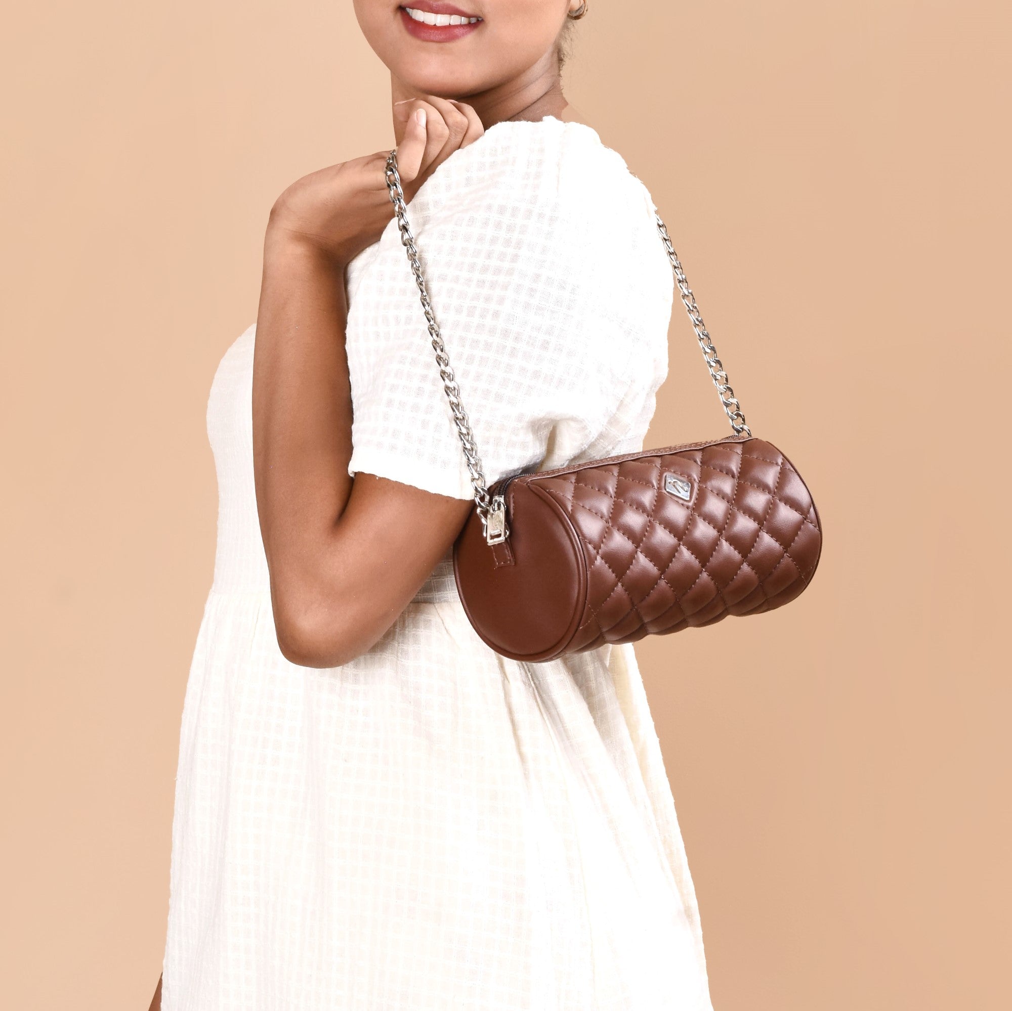 Brown Mini Barrel Bag With Sling Chain