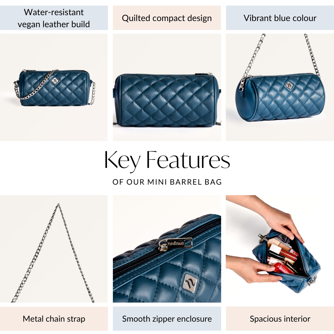 Blue Mini Barrel Bag With Chain Strap