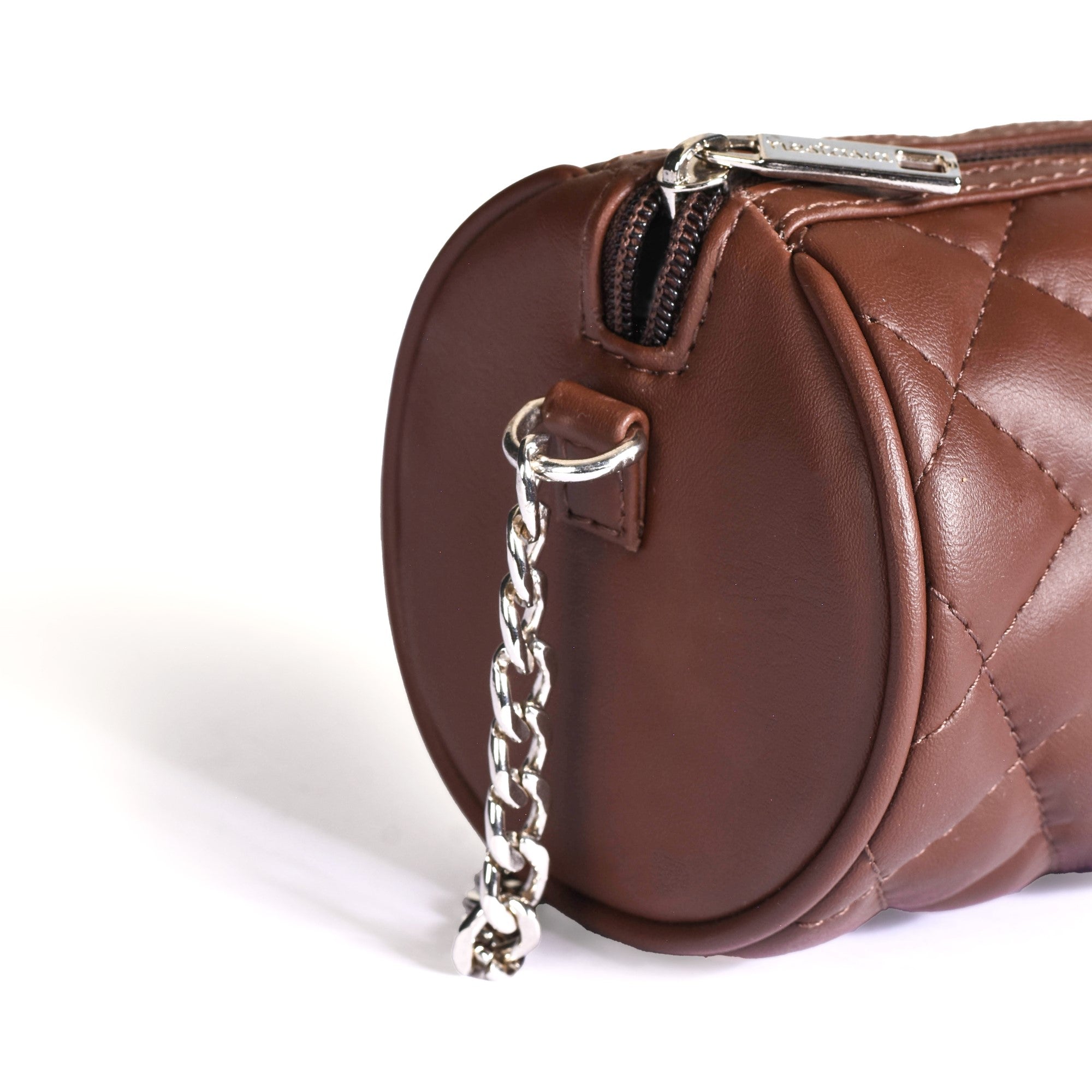 Brown Mini Barrel Bag With Sling Chain