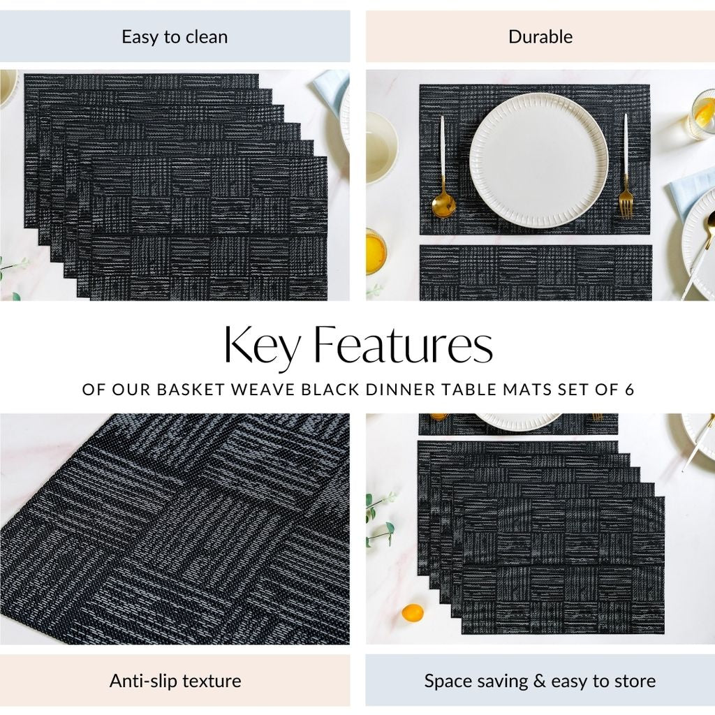 Basket Weave Black Dinner Table Mats Set Of 6