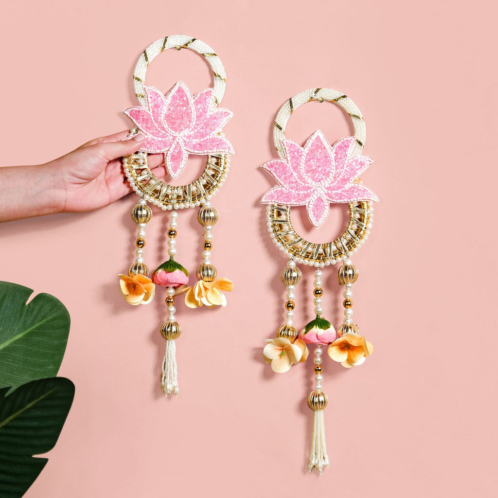 Beaded Lotus Wall Hanging Set Of 2 In Pink