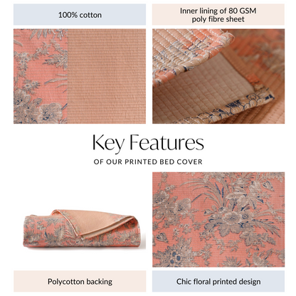 Floral Quilted Cotton King Size Bed Cover Peach Pink 102x93 Inch