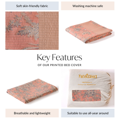 Floral Quilted Cotton King Size Bed Cover Peach Pink 102x93 Inch