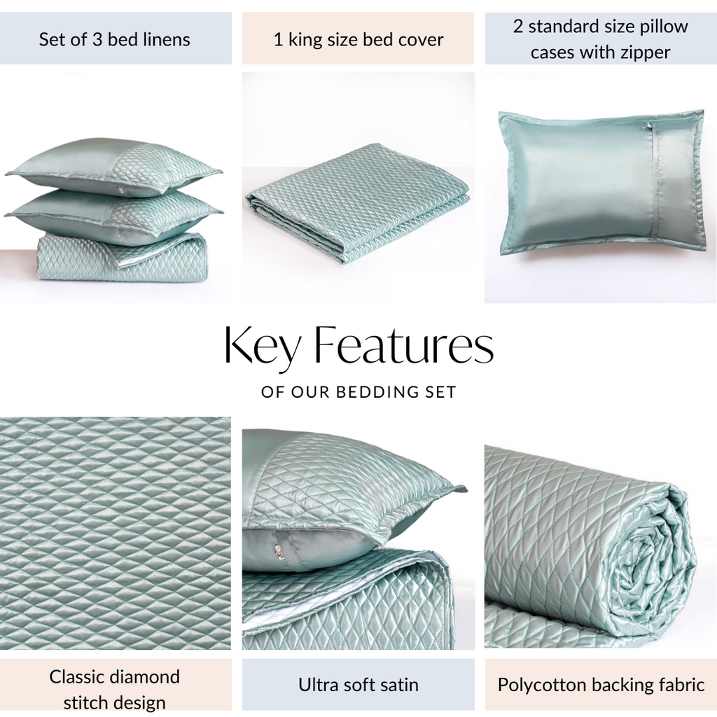 Quilted King Size Bed Cover And Pillow Case Set Of 3 Powder Blue