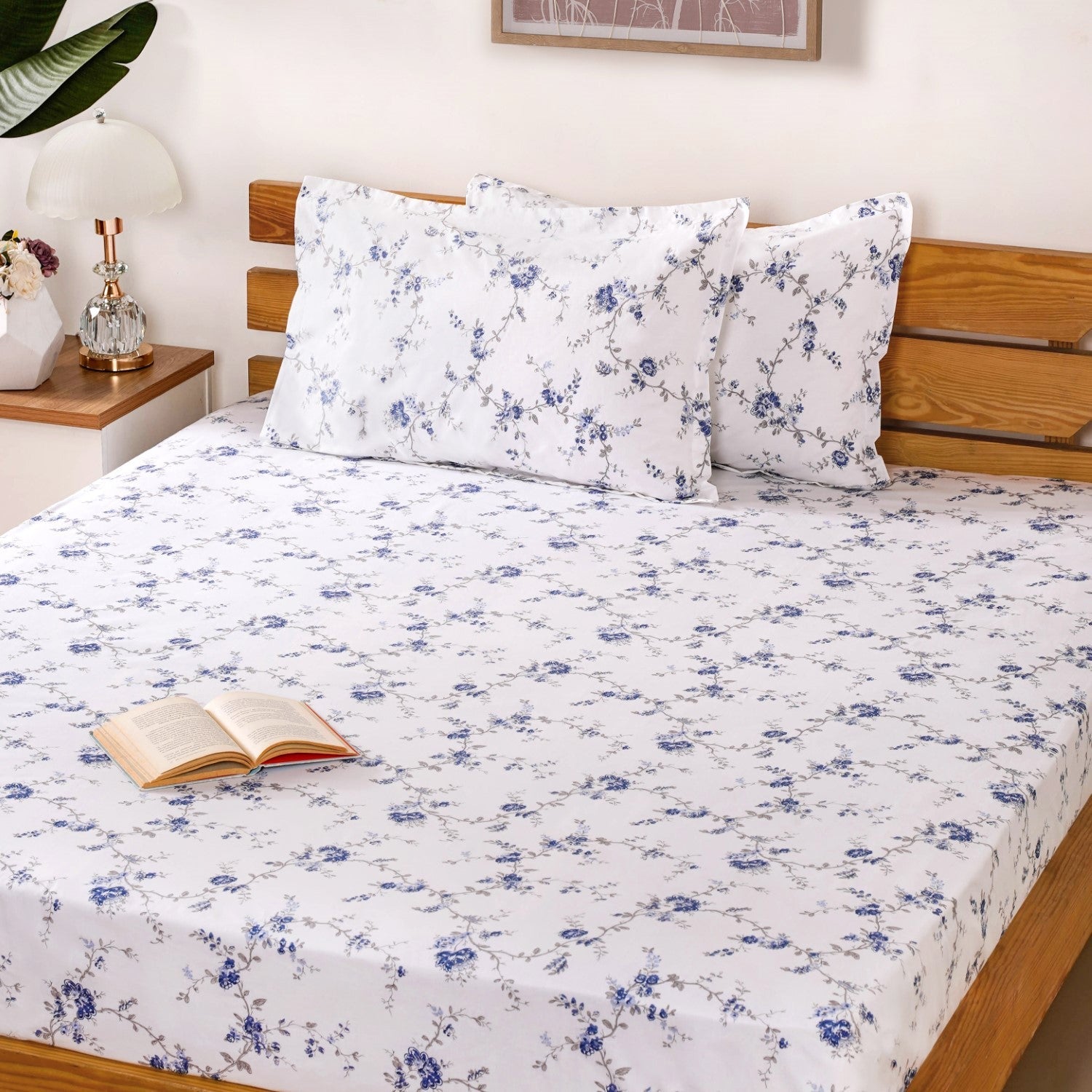 Pure Cotton Floral Bedding Set Blue 180 TC King Size 275x275 cm