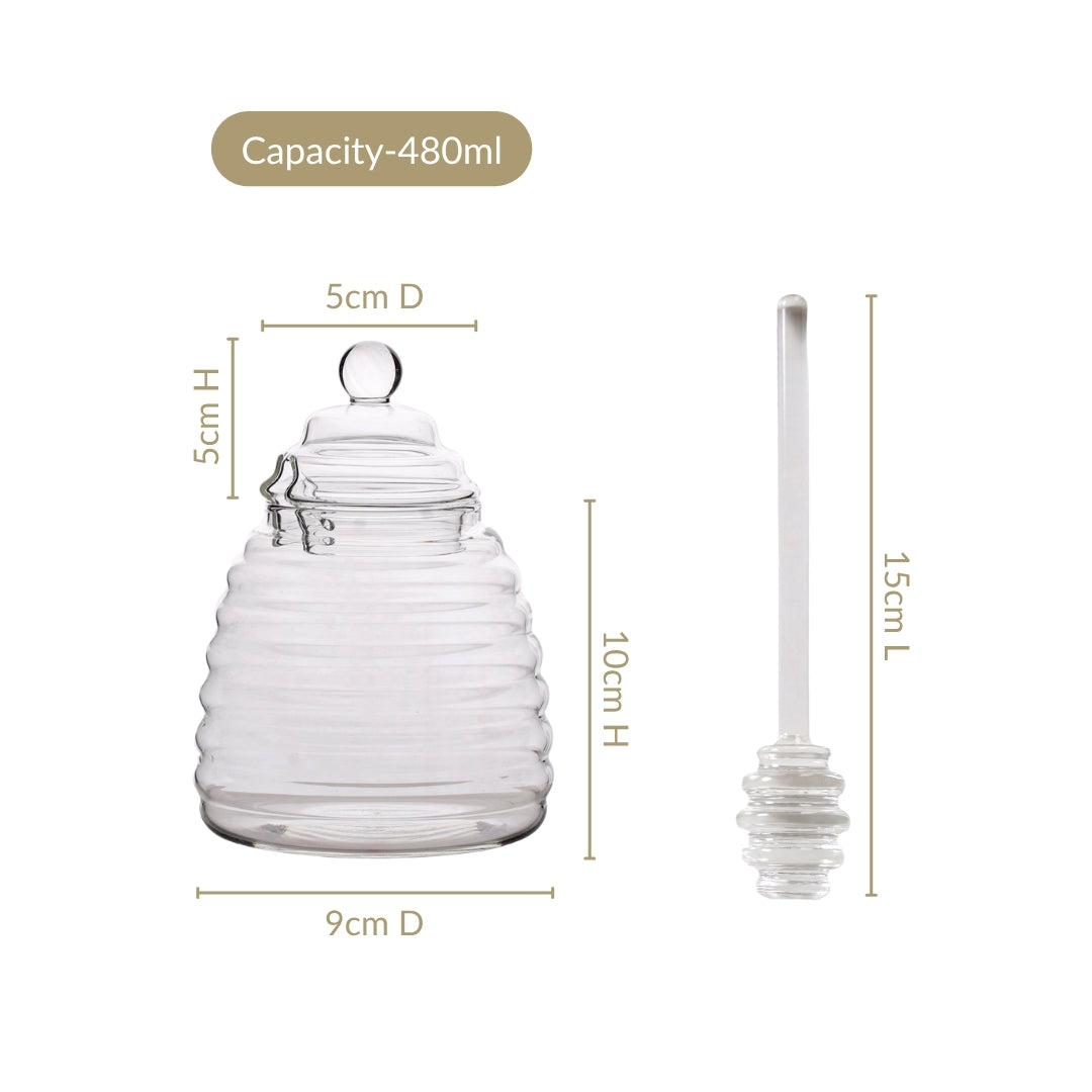 Beehive Glass Honey Jar With Dipper And Lid 480ml