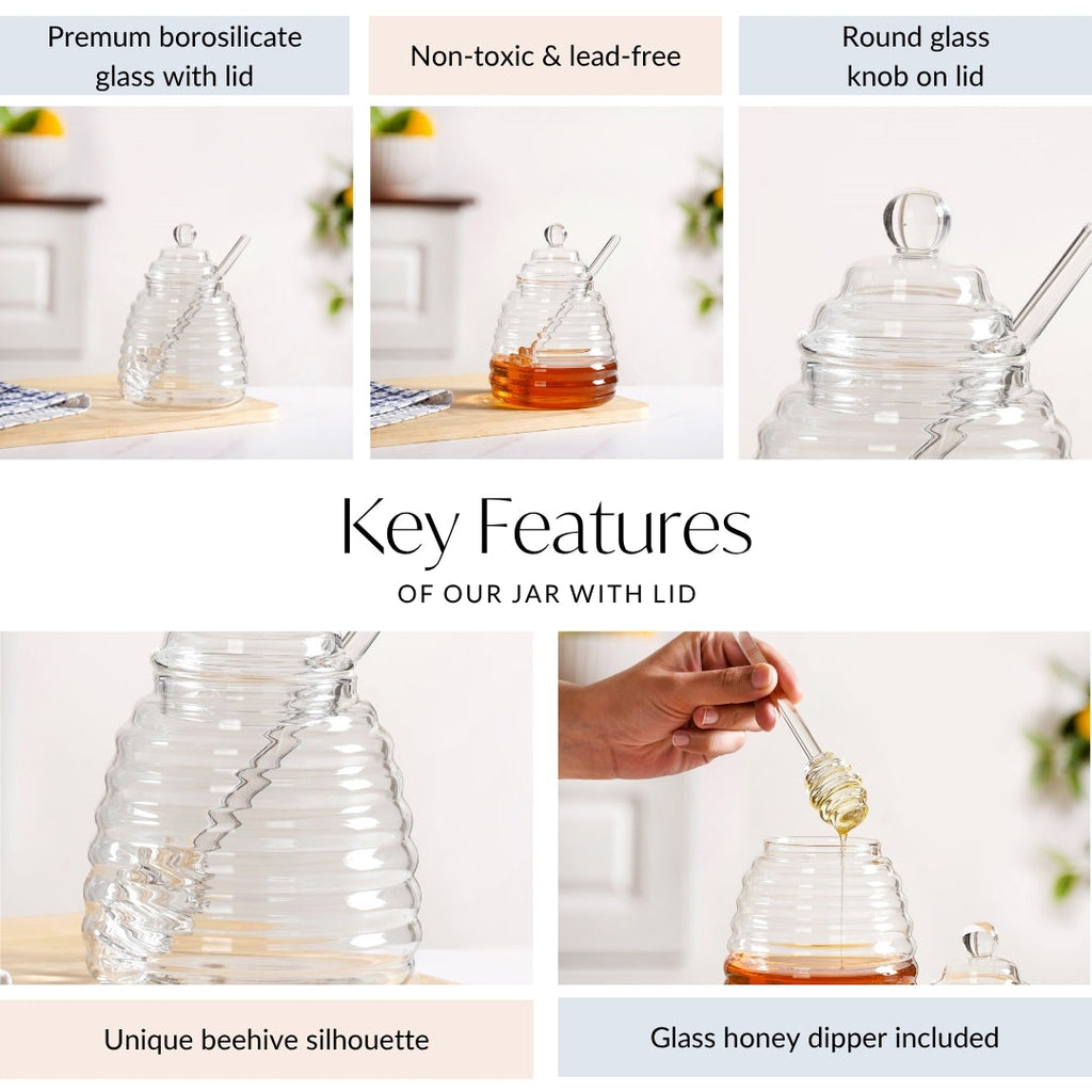 Beehive Glass Honey Jar With Dipper And Lid 480ml