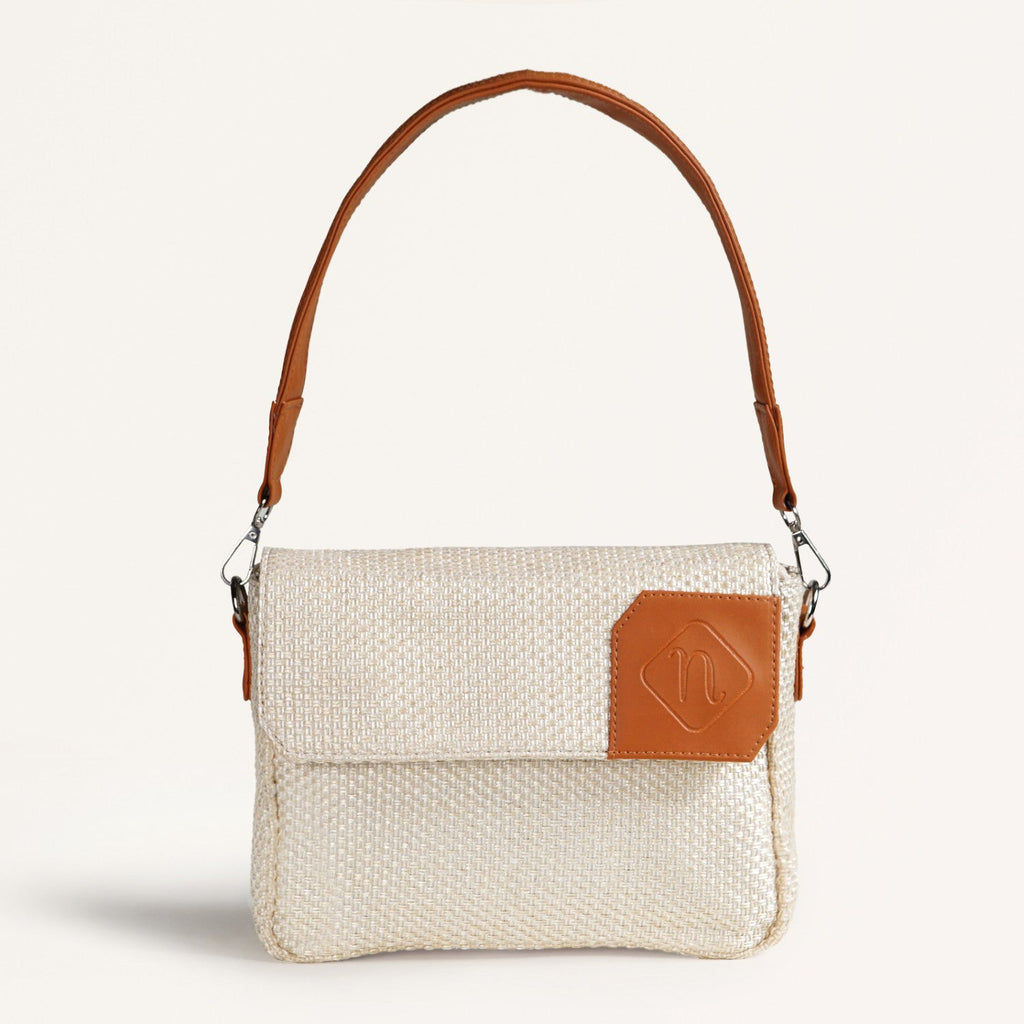 Beige And Tan Vegan Leather Shoulder Bag