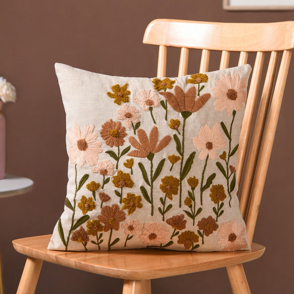 Beige Chambray Floral Couch Cushion Cover 40x40cm