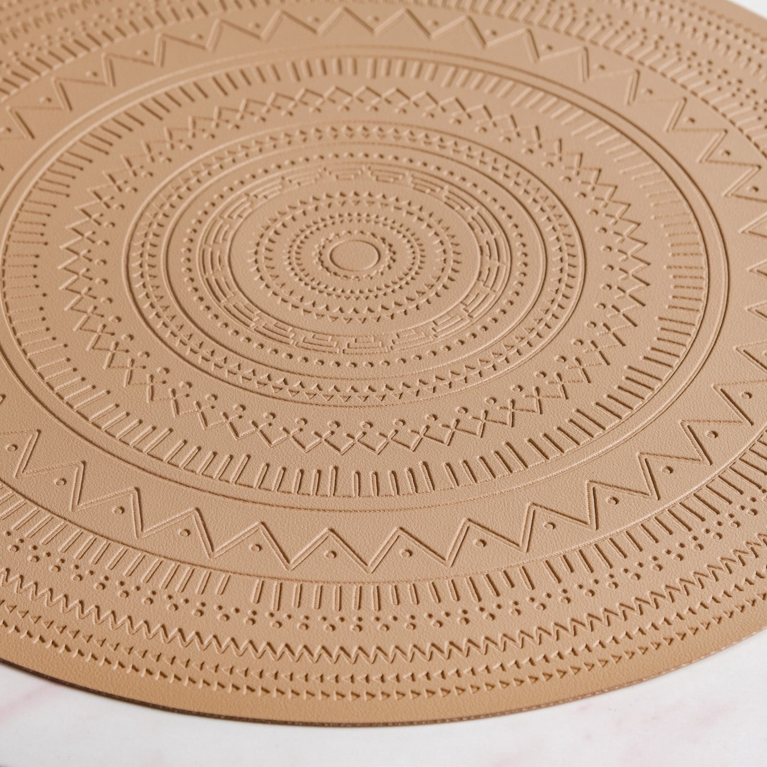 Beige Embossed Warli Design Round Table Mat Set Of 6