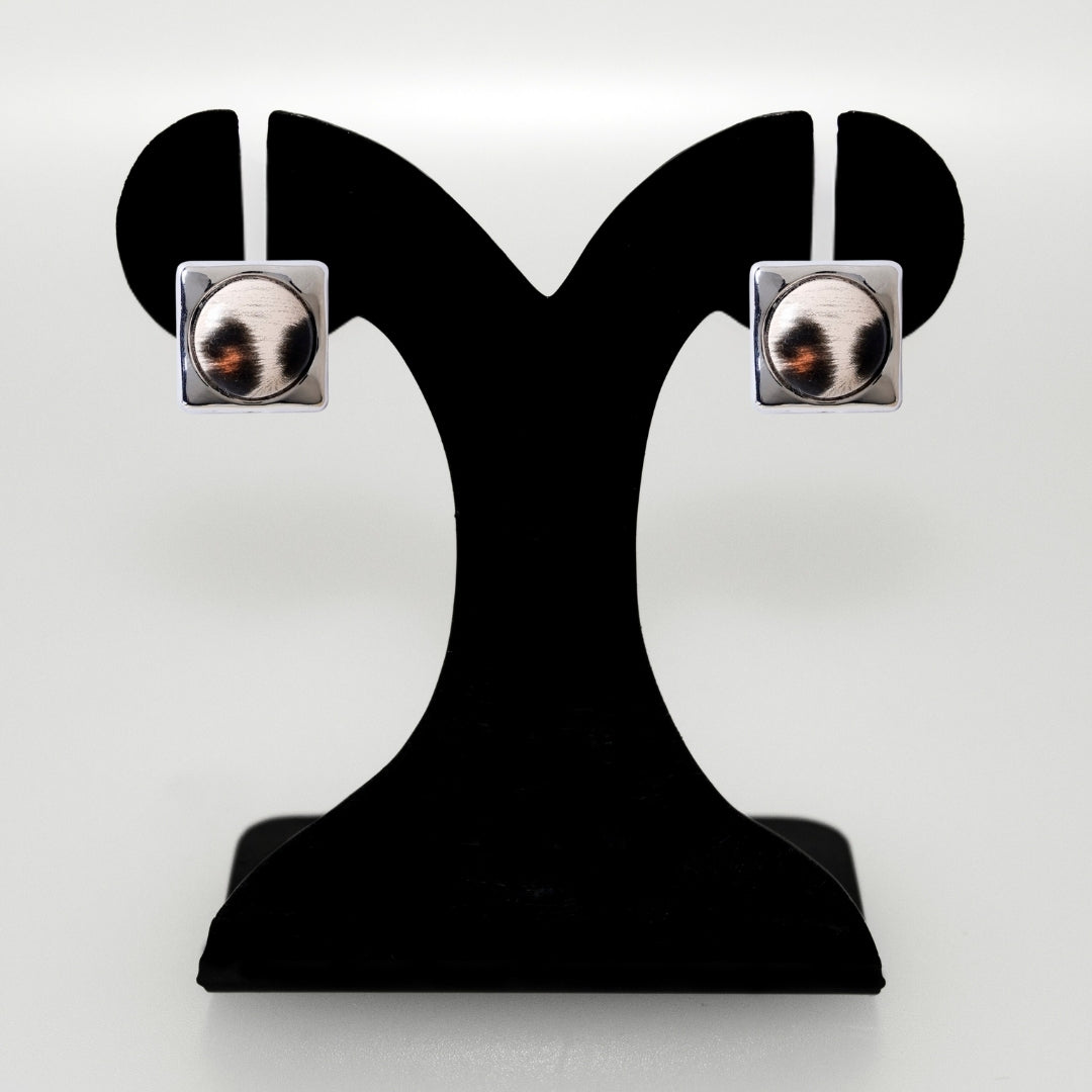 Beige Animal Print Silver Square Studs