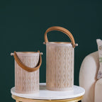 Modern Matte Beige Leaf Cutwork Metal Lantern Set Of 2