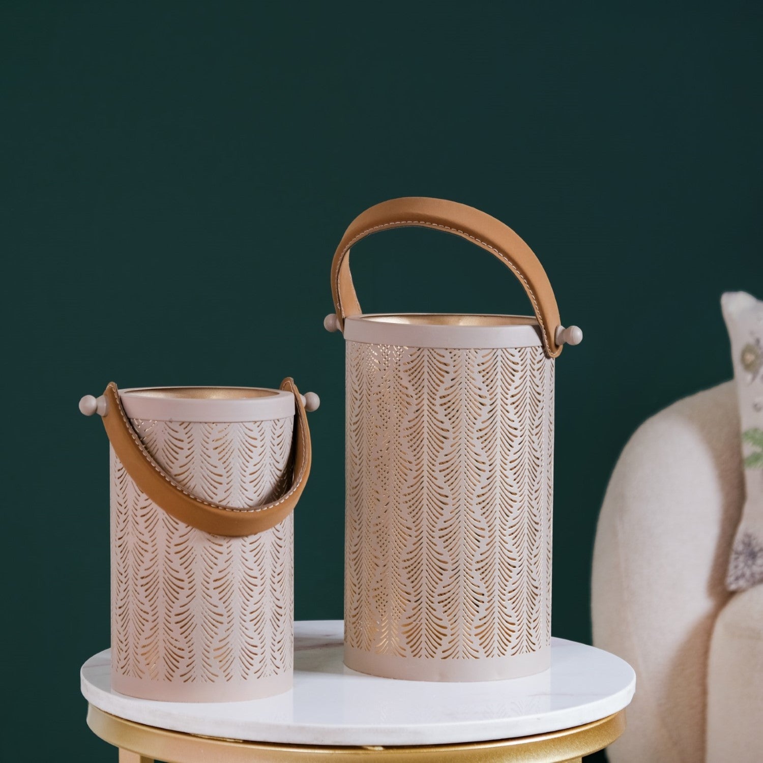 Modern Matte Beige Leaf Cutwork Metal Lantern Set Of 2