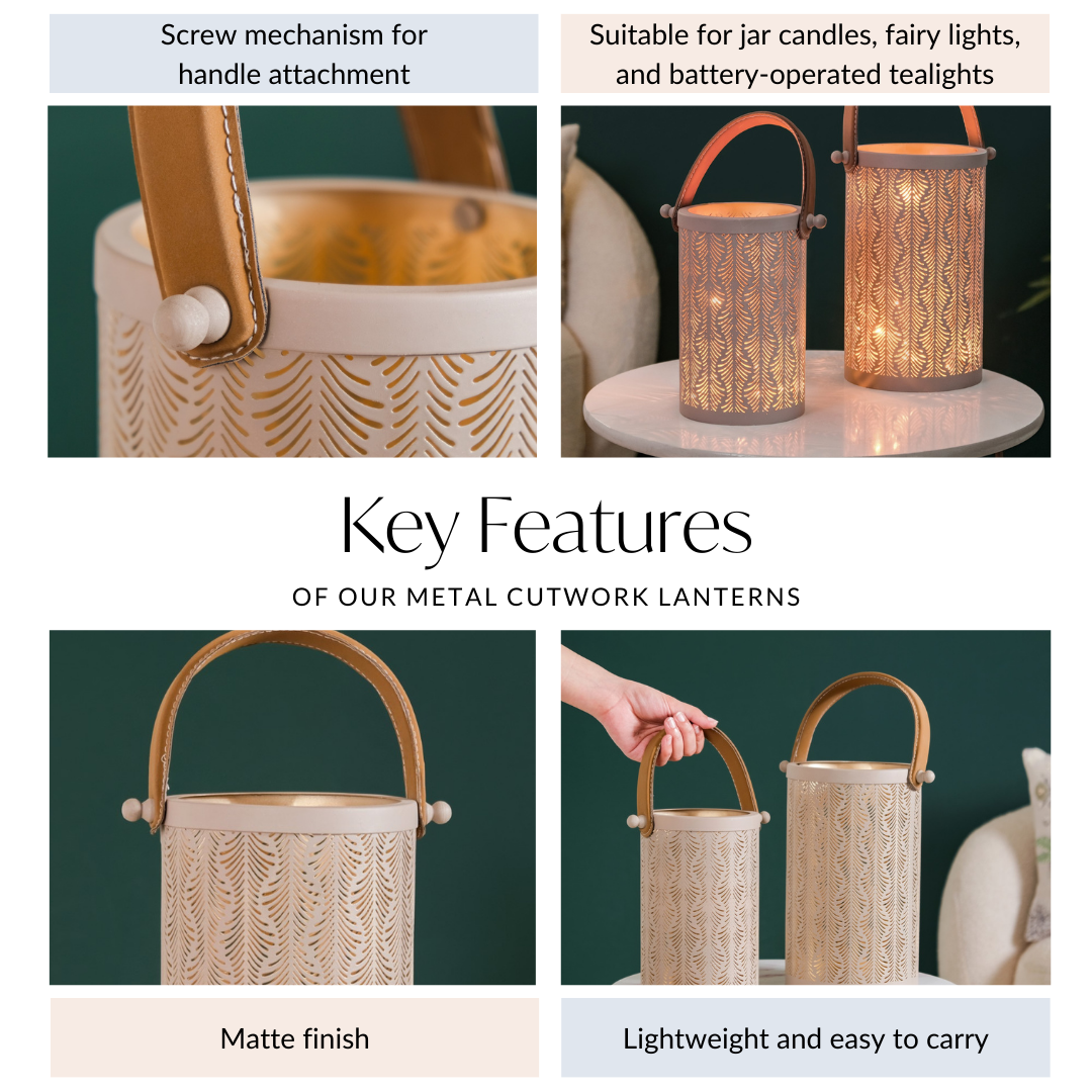 Modern Matte Beige Leaf Cutwork Metal Lantern Set Of 2