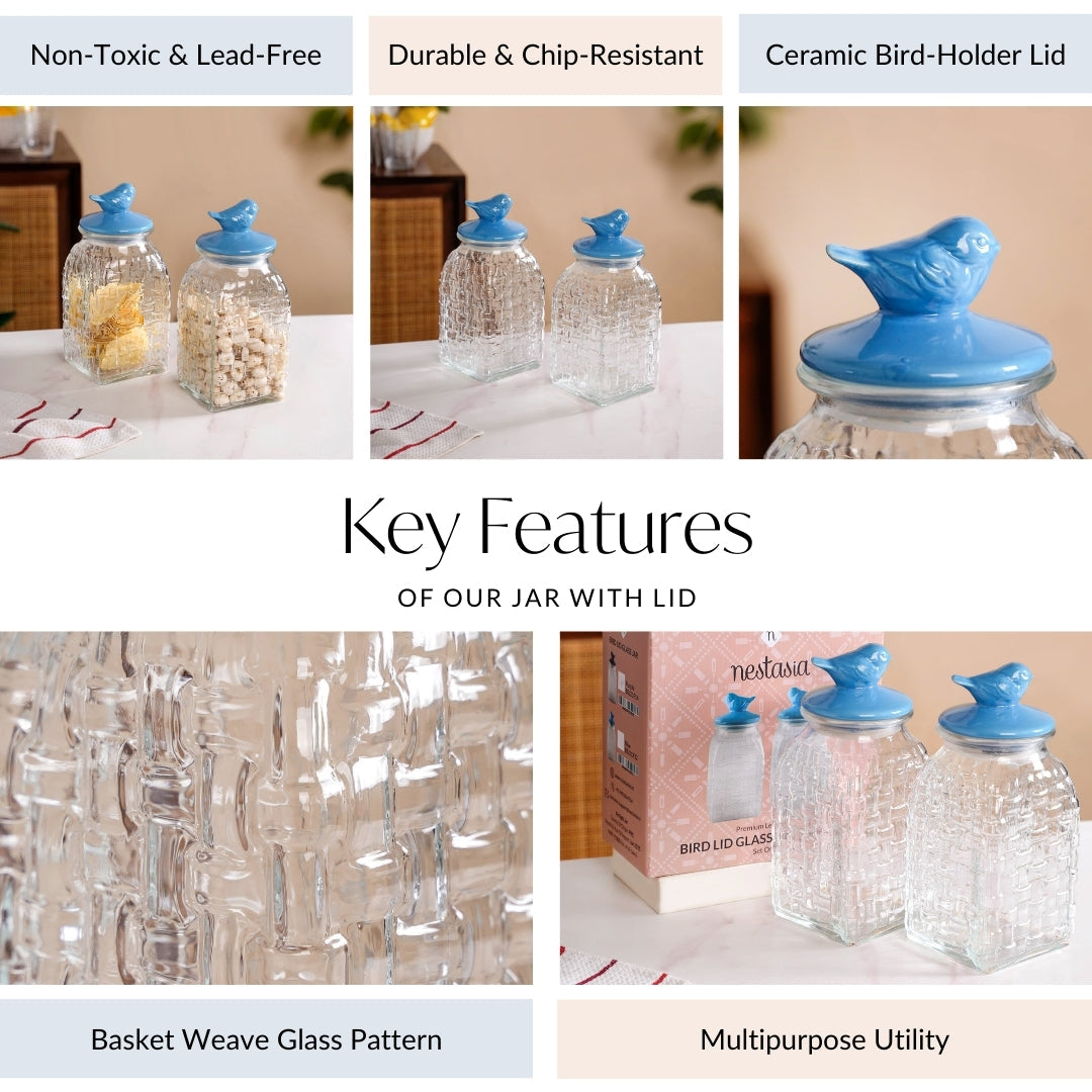 Bird Glass Jar With Blue Ceramic Lid Set Of 2 1500ml