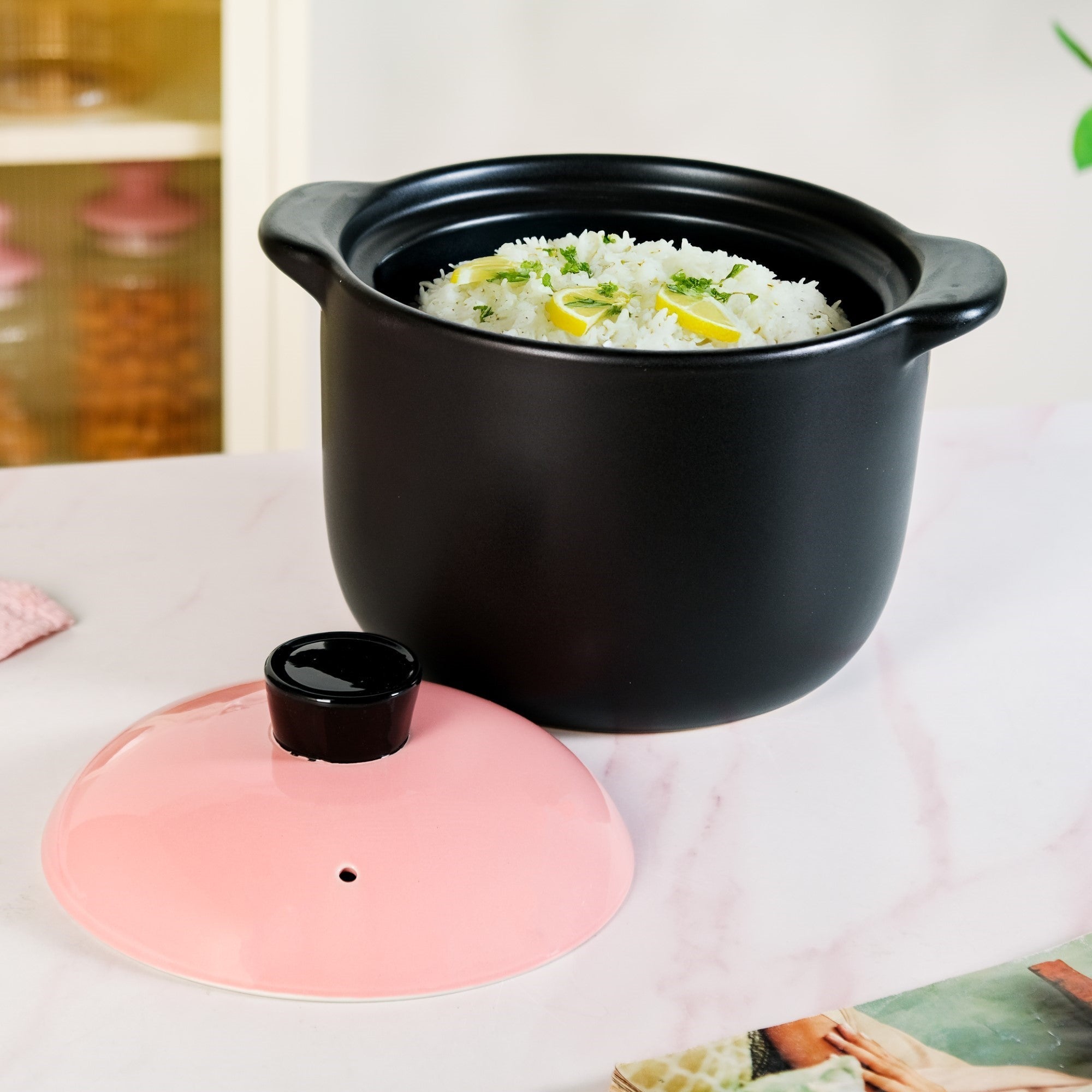 Flamora Big Ceramic Pot With Lid Pink Black 6000ml