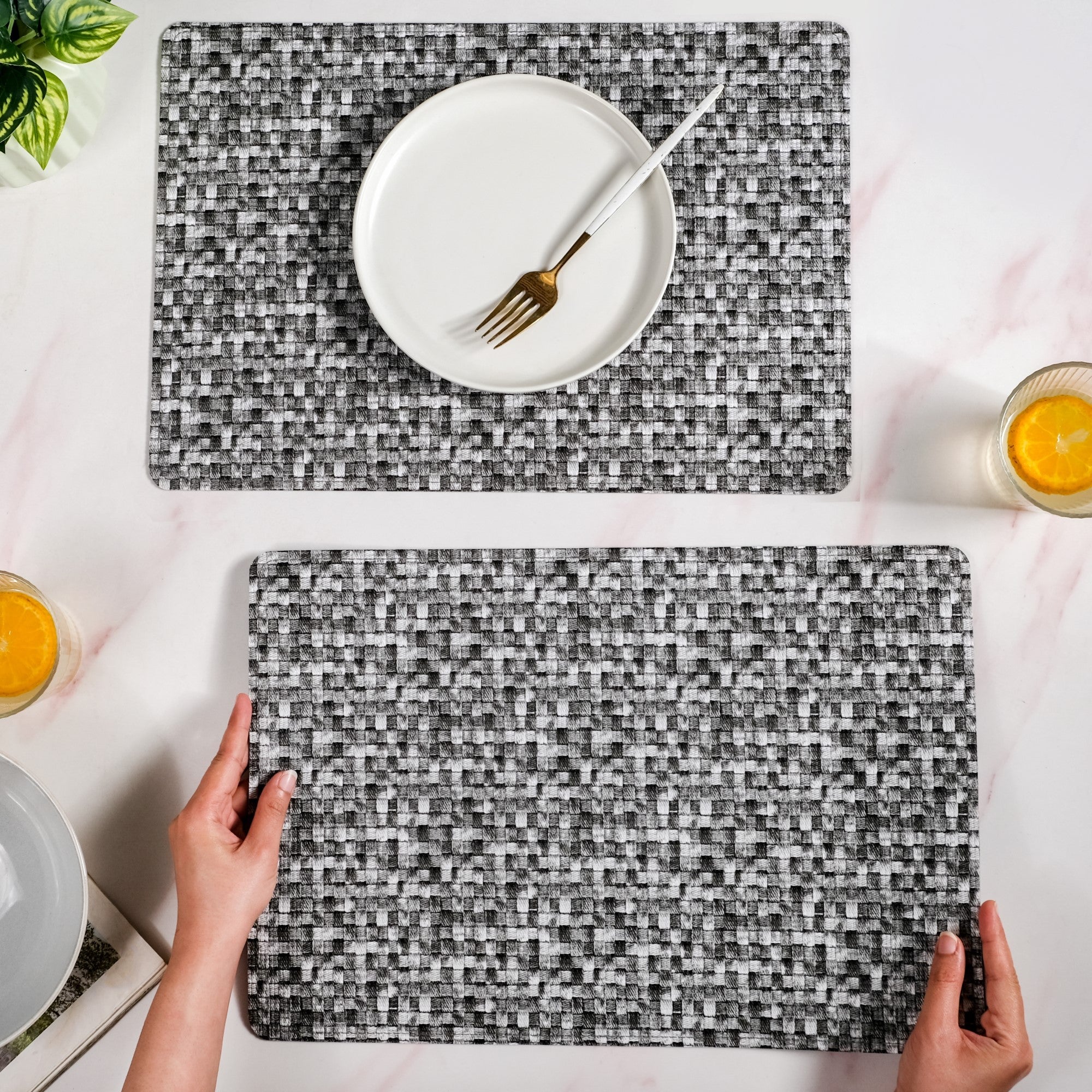 Black And White Intrecciato Weave Rectangular Table Mat Set Of 6