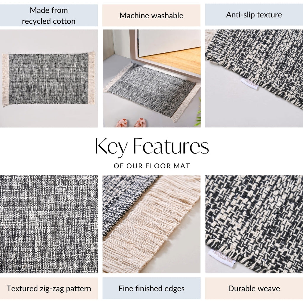 Black And White Tweed Cotton Anti Slip Floor Mat 96x53cm