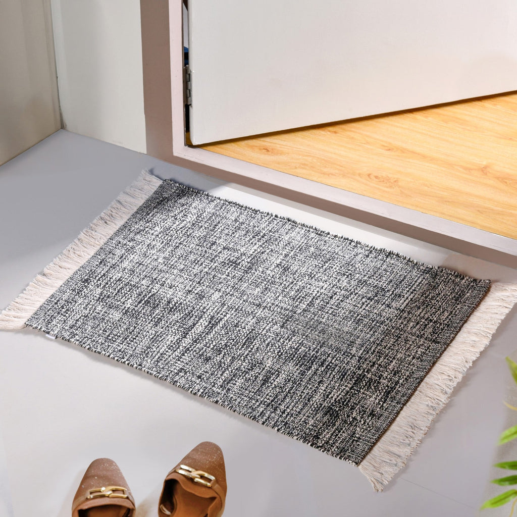 Black And White Tweed Cotton Anti Slip Floor Mat 96x53cm