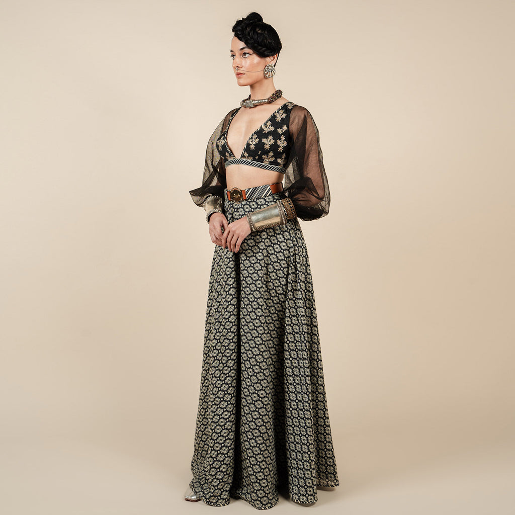 Black Bishop Sleeve Sharara Set | CHAR