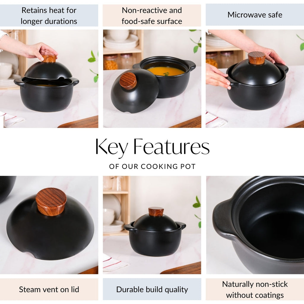 Maison Black Ceramic Clay Pot For Cooking 2200ml