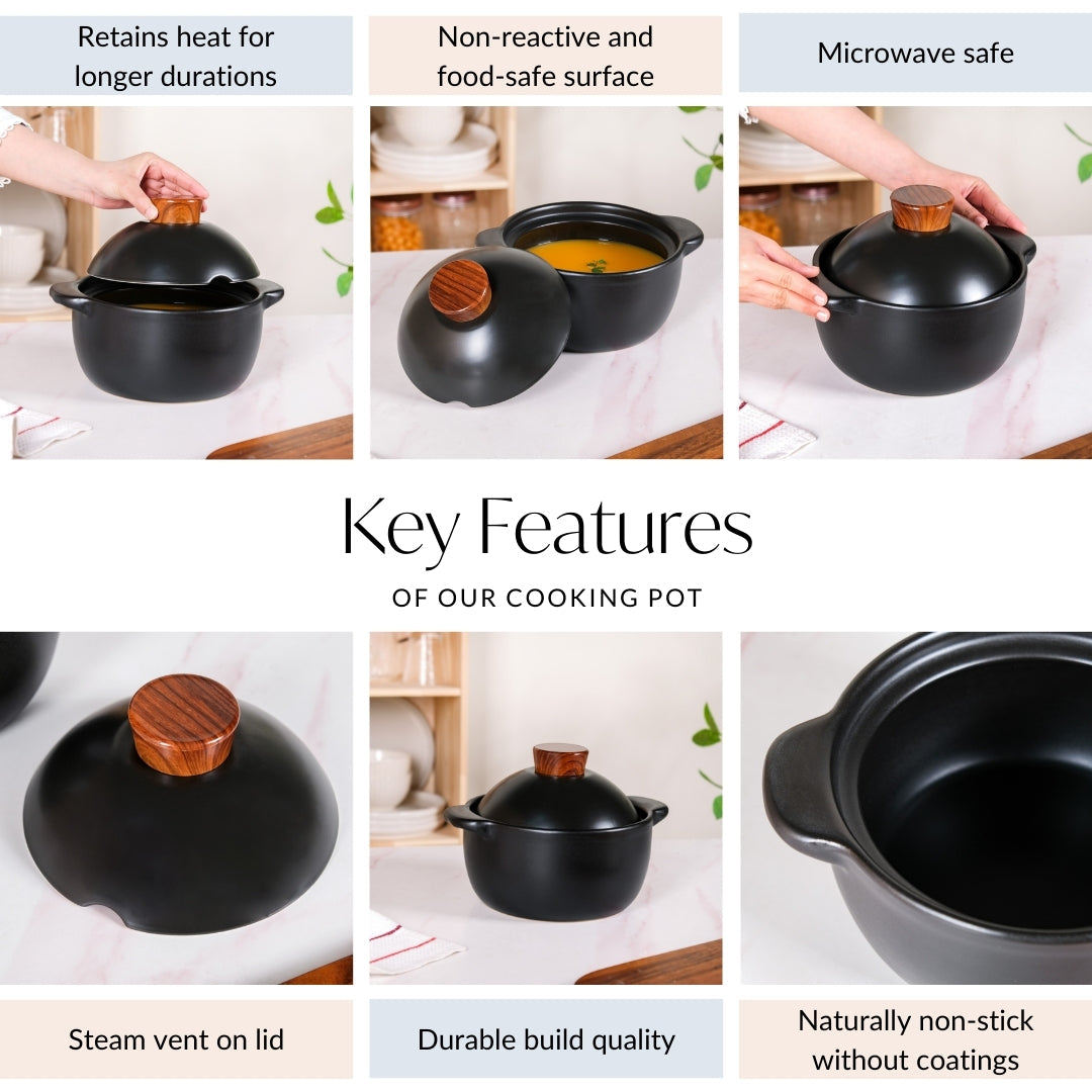 Maison Black Ceramic Clay Pot For Cooking 2200ml