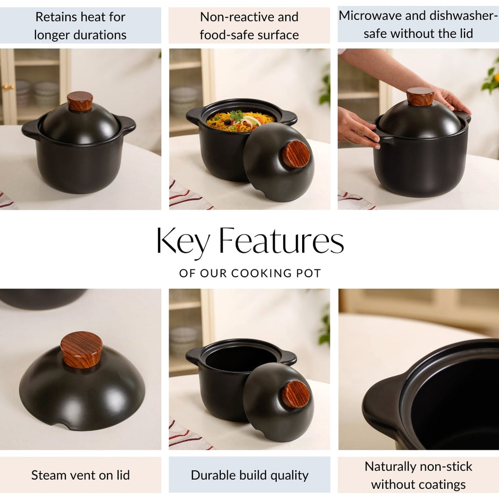 Maison Black Ceramic Cooking Pot With Lid 3700ml