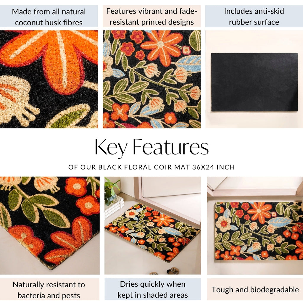 Black Floral Coir Mat 36x24 Inch