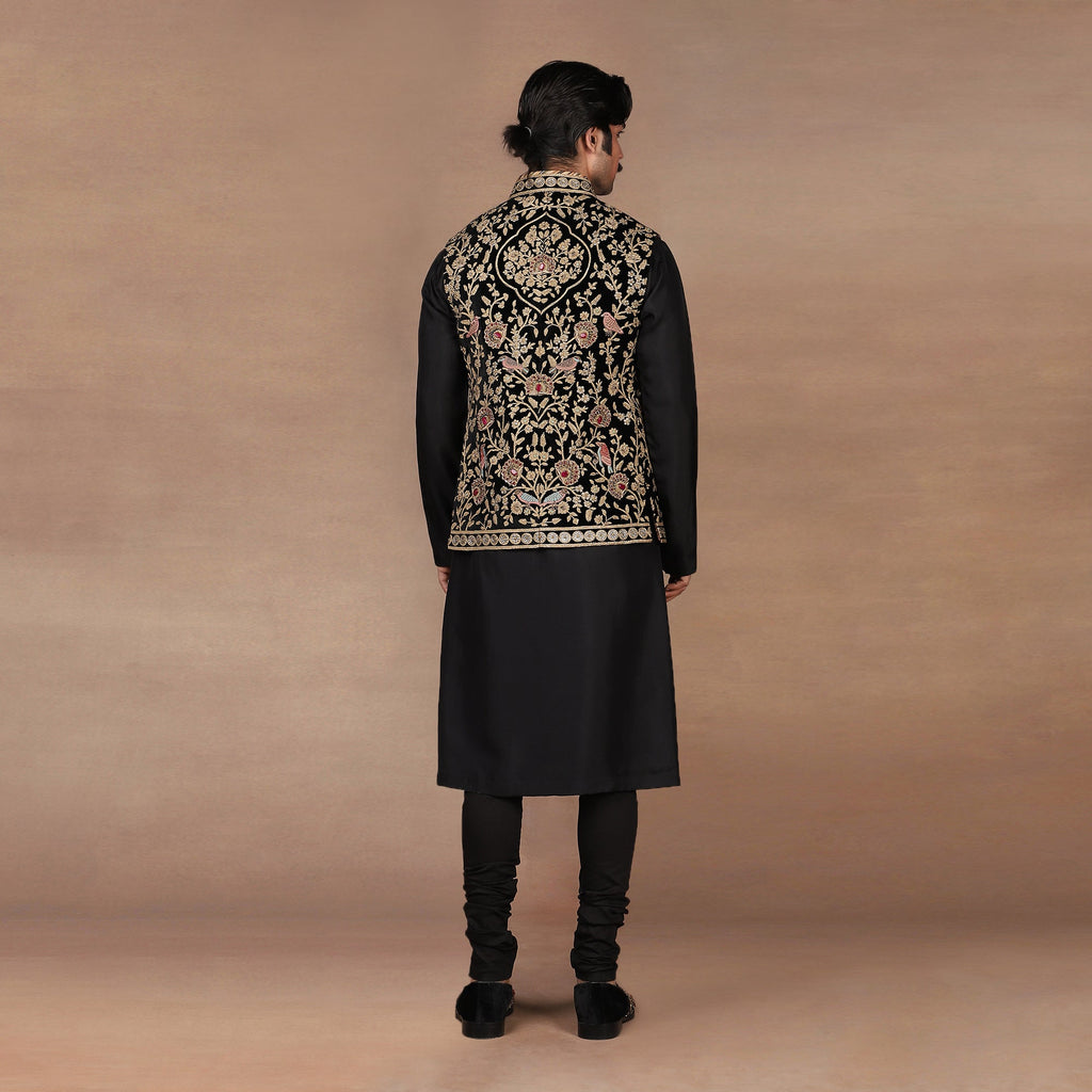 Black - Gold Nehru Jacket Set | MURAQQA
