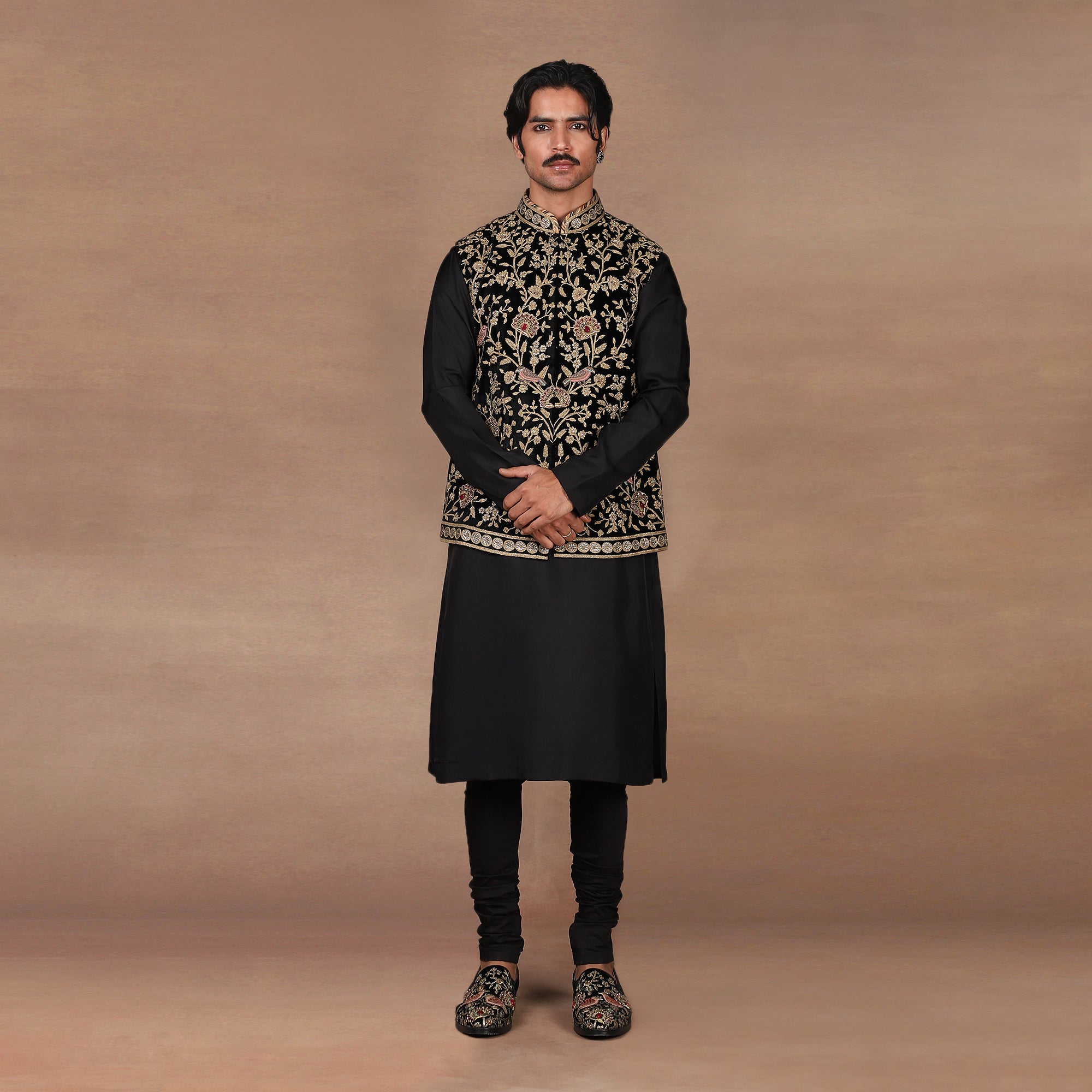 Black - Gold Nehru Jacket Set | MURAQQA