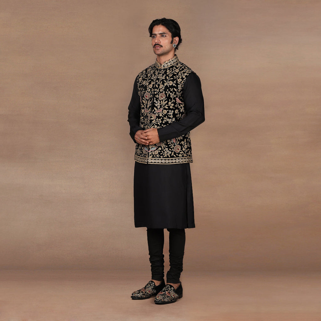 Black - Gold Nehru Jacket Set | MURAQQA