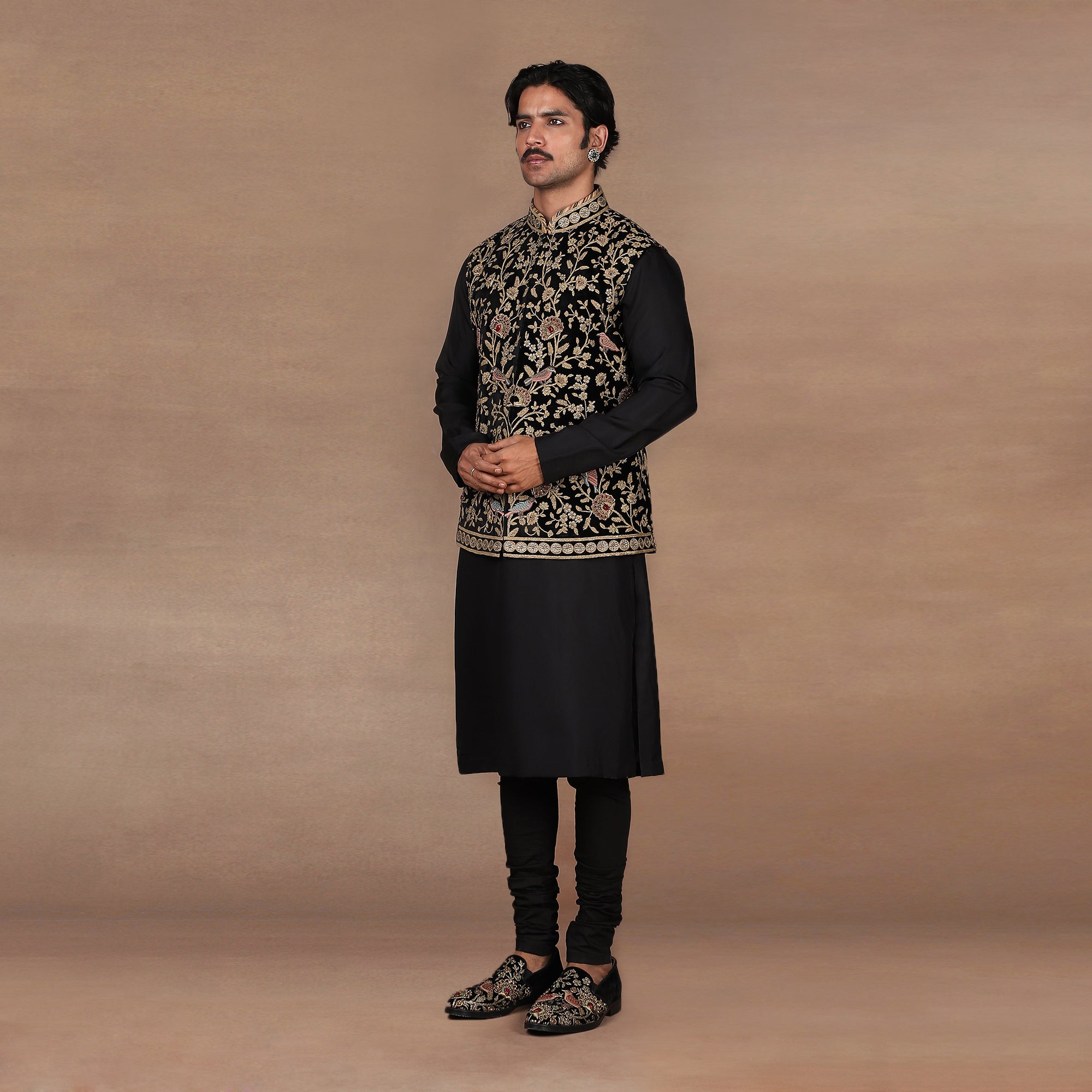 Black - Gold Nehru Jacket Set | MURAQQA