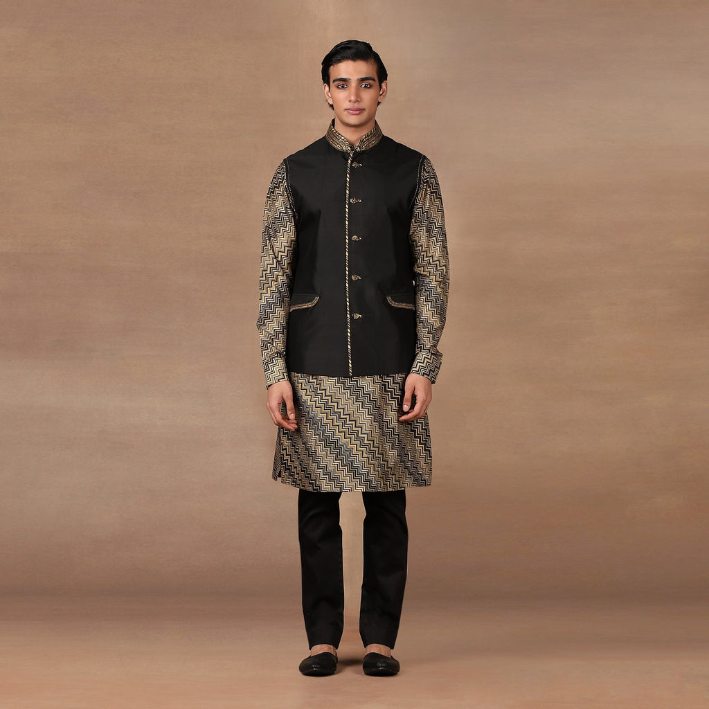 Black - Olive Green Nehru Jacket Set | MURAQQA
