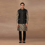 Black - Olive Green Nehru Jacket Set | MURAQQA