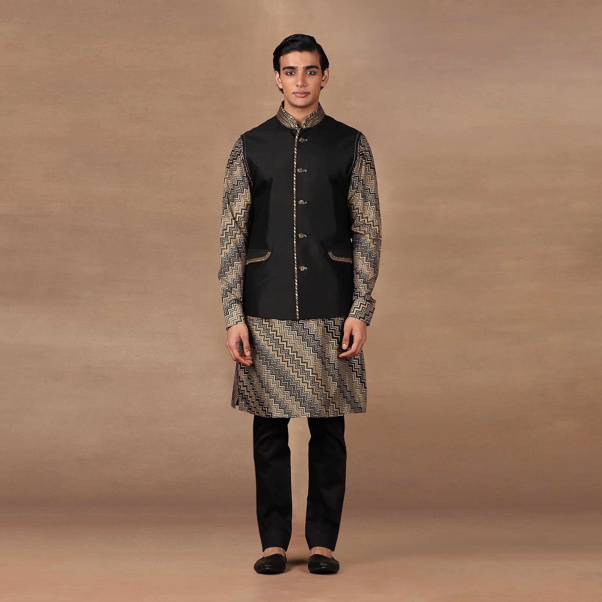 Black - Olive Green Nehru Jacket Set | MURAQQA