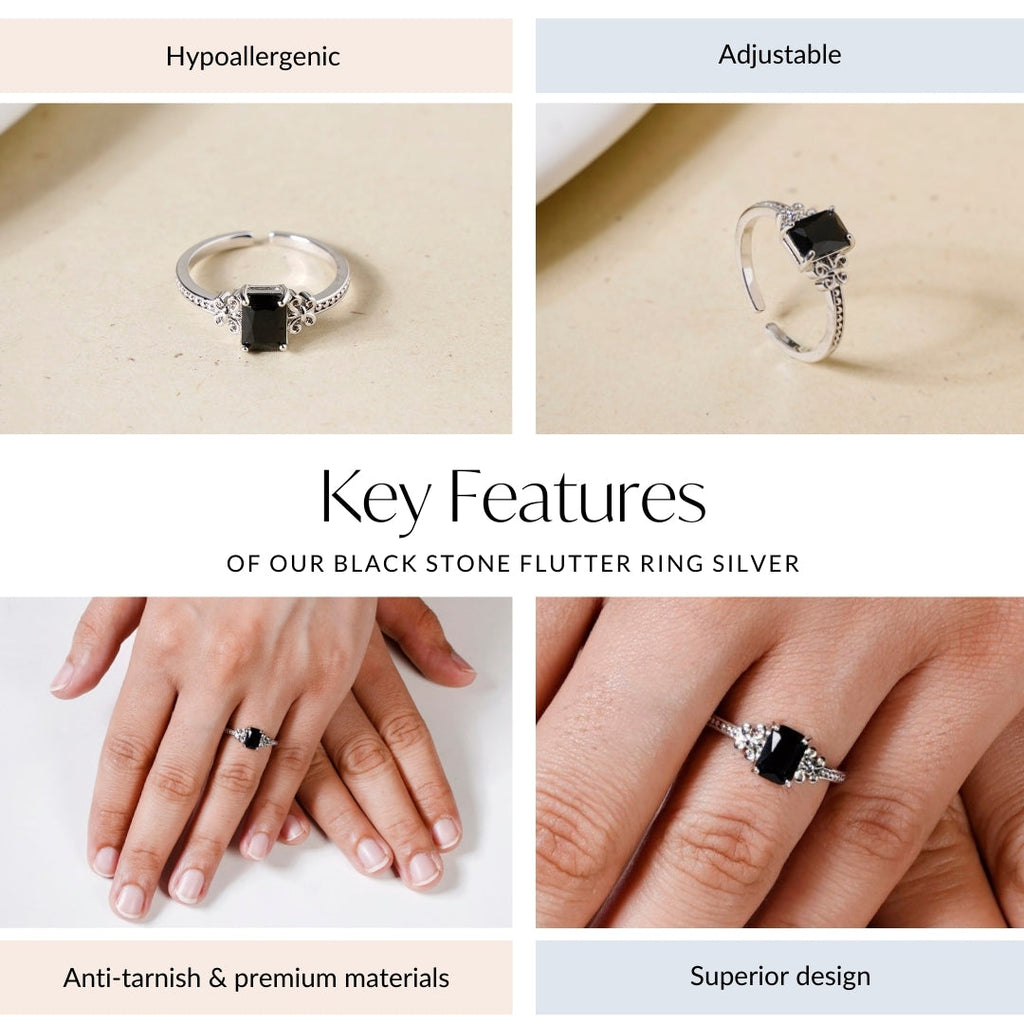 Black Stone Flutter Ring Silver