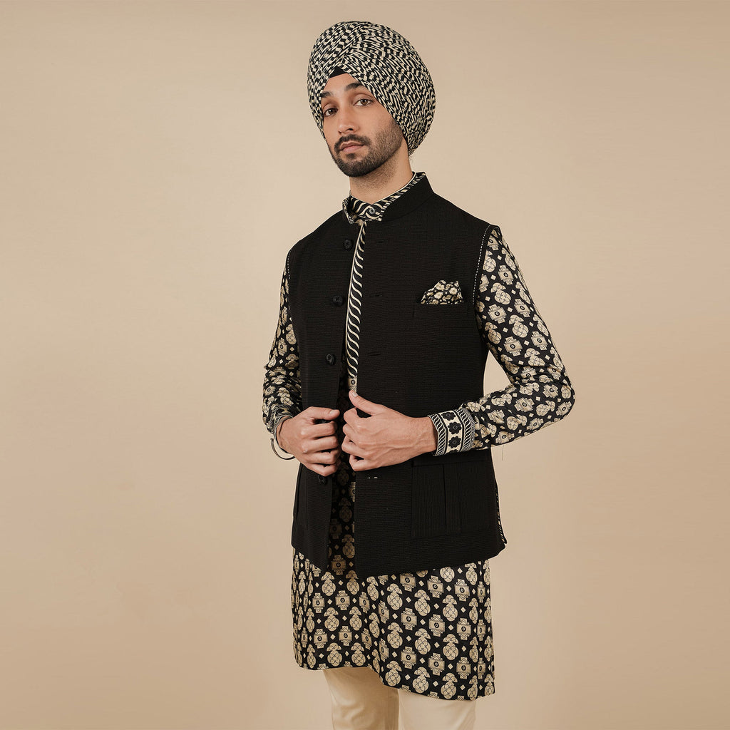 Black Textured Nehru Jacket | CHAR