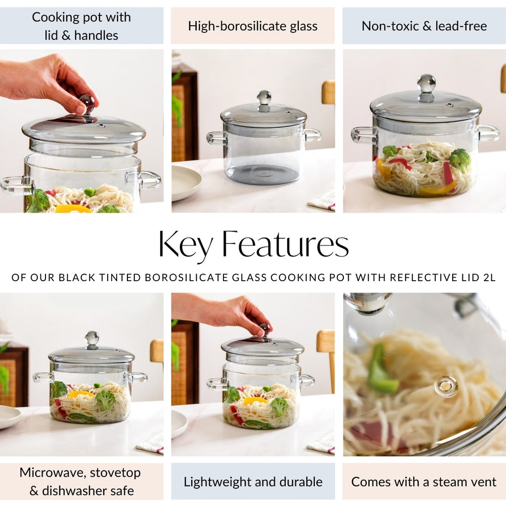 Grey Borosilicate Glass Cooking Pot With Reflective Lid 2L