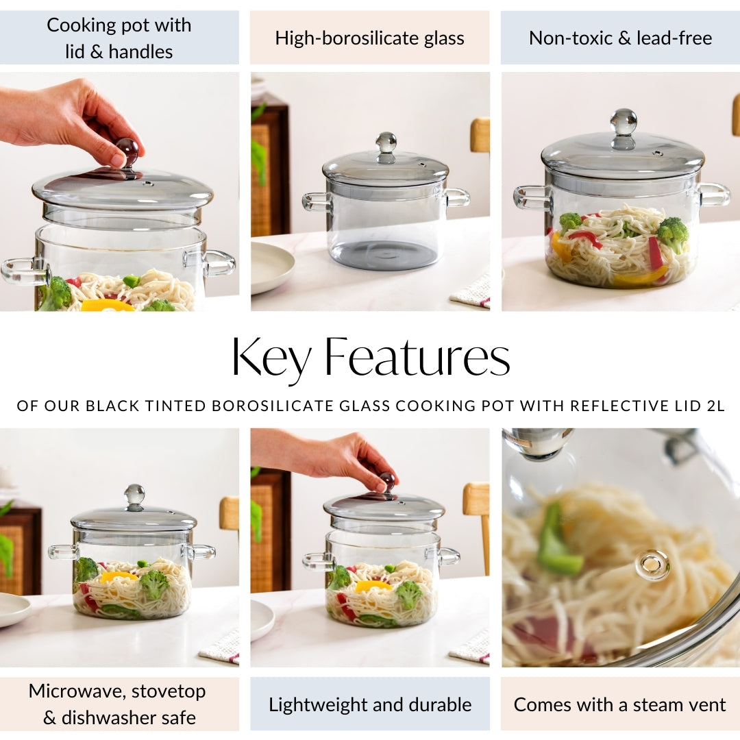 Grey Borosilicate Glass Cooking Pot With Reflective Lid 2L
